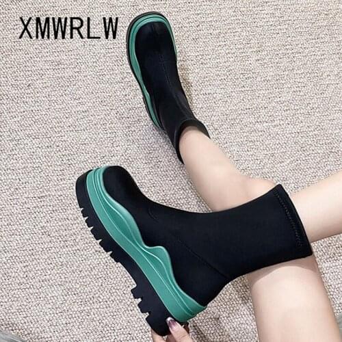 XMWRLW Womens Sock Boots 2021 Spring Autumn Fashion High Heels Female Mid-Calf Boots Women Shoes Non-Slip Women Sock Boot Shoes