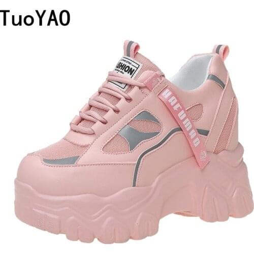 Spring Women Platform Chunky Sneakers 8cm High Heel Lace-up Casual Vulcanize Shoes Designer Breathable Mesh Dad Shoes Sneakers