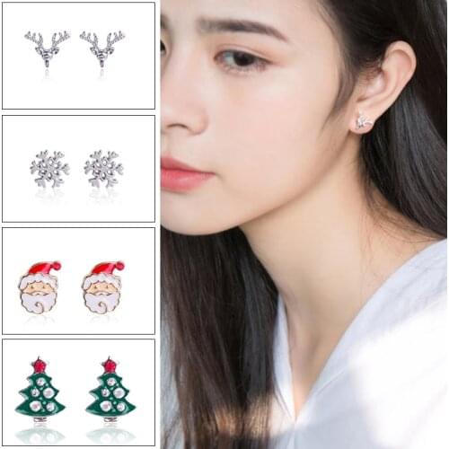 Christmas Crystal Stud Women Earrings Fashion Bow Bells Tress Deer Stud Earrings Female Christmas Tree Snowman Gift Jewelry