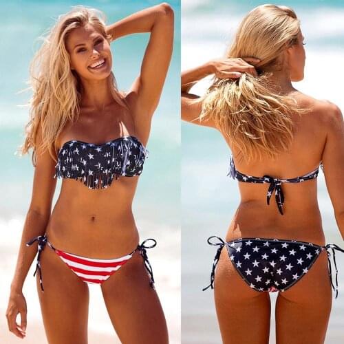 Women American Flag Bikinis Set Swimwear Backless Print Swimsuit Padded Bodysuit Summer Beach Bathing suit Biquini Female