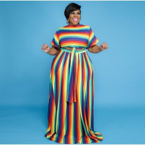 Two Piece Set African Clothes Women 5XL Plus Size T Shirt Tops And Long Skirt Suits Fashion Color Striped African Long Skirt Set
