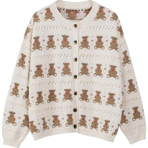 2021 fashion Women Short Thin Sweater Knitted O Neck Crew Neck Cardigan Button Beige Bear Cartoonhigh quality Outwear Autumn