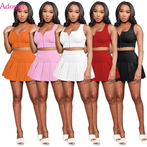 Adogirl Women Casual Sexy Solid Night Club Tracksuit Slim Active Zipper Tank Crop Top Pleated Mini Skirt Two Piece Set Suit