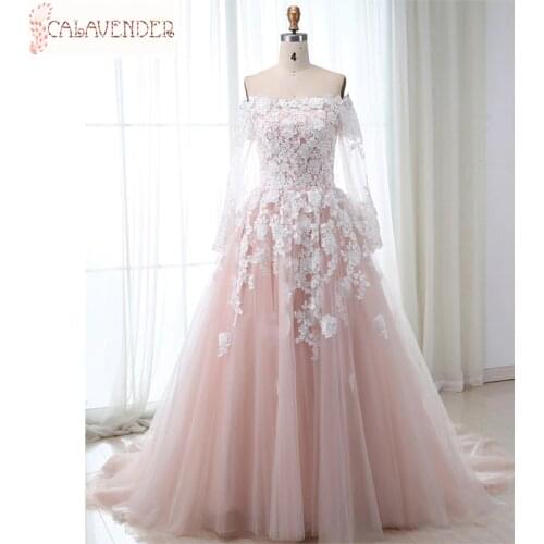 Lace Wedding Dress with Sleeves Pink Tulle Lace Appliques A-Line vestidos de novia Off-shoulder Beautiful Wedding Gown