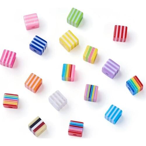 200Pcs Mix Rainbow Candy Resin Beads Stripe Pattern Loose Spacer Beads For Jewelry Making Handmade DIY Bracelet Necklace 8x8x8mm