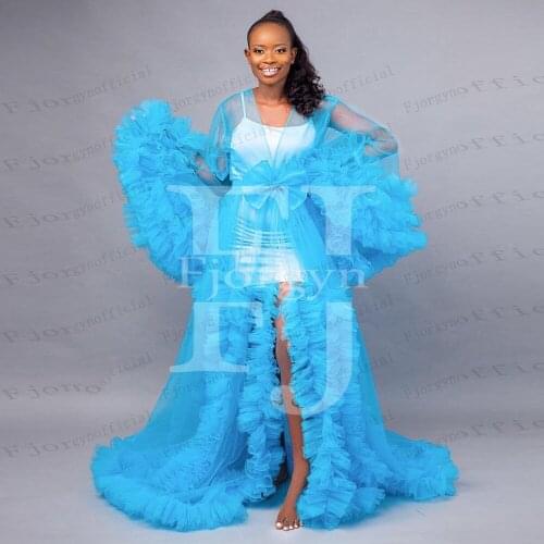 2021 Peacock Blue Fashion Long Sleeve Open Front Tulle Bridal Robes African Girls Party Dress Maternity Dresses for Photography