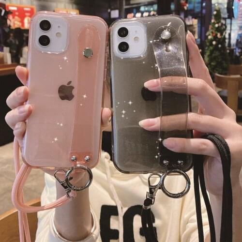 Wristband Hand Holder Bracket Glitter Clear Case for iPhone 12 Mini 11 Pro Max Hanging Rope Lanyard Strap Crossbody Soft Cover