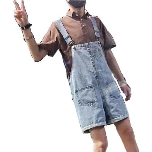New denim overalls mens loose large size Hong Kong style student mens thin wild wide-leg straight suspender shorts