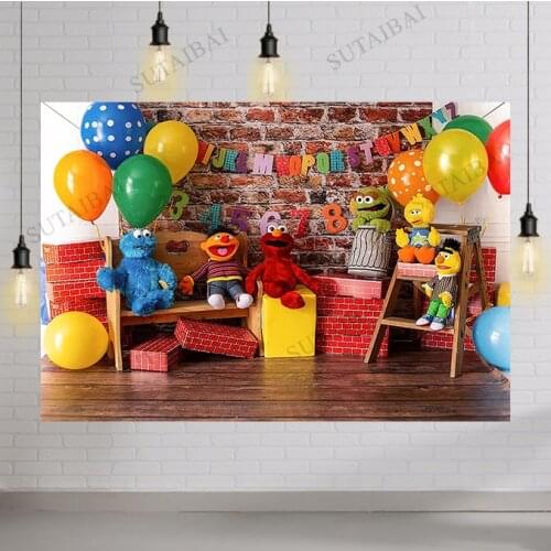 Sesame Photography Backdrop Colorful Balloons Background 1st Birthday Street Cake Smash Banner Kids Party Photocall Portraits