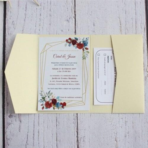 Pocket wedding invitation shimmer tri-fold invite friends card custom printing multi colors