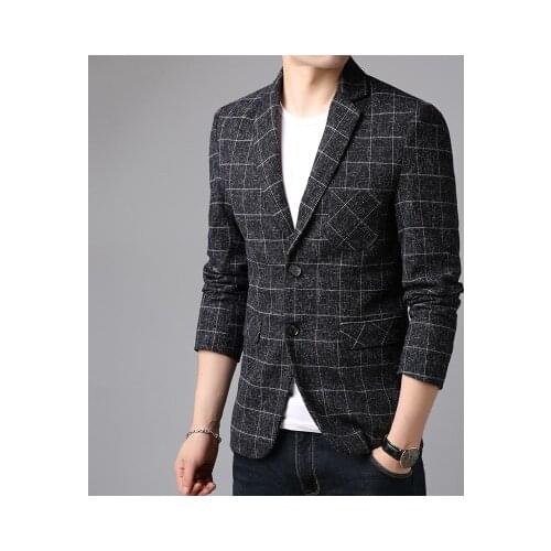 Handsome Black Check Elegant Men Casual Street Fashion Suit Jacket Men Skinny Fit Business Plaid Stripe Blazer
