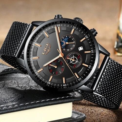 Relogio LIGE Mens Watches Top Brand Luxury Casual Quartz Wristwatch Men Fashion Stainless Steel Waterproof Sport Chronograph+Box