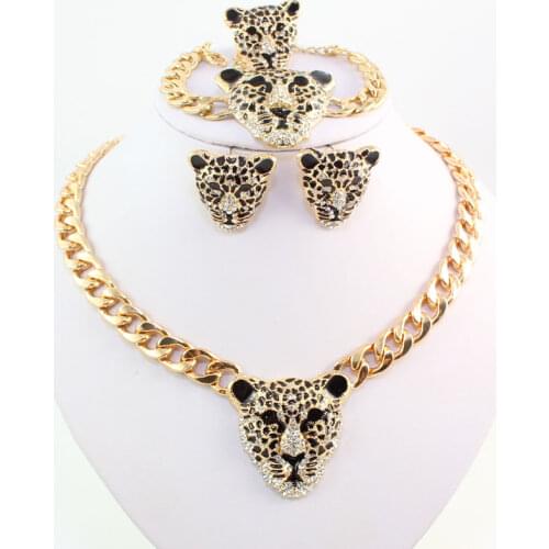 Fashion Leopard Head Bracelet Earrings Necklace Ring Set New Trendy Gold Color Crystal Costume African Jewelry Sets