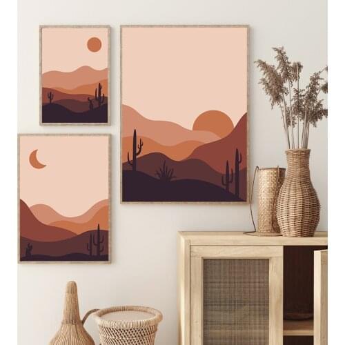 Nordic Boho Sun Moon Wall Art Canvas Painting Minimalist Mountains Cactus Prints Posters and Pictures for Living Room Home Decor