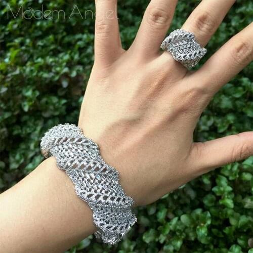 ModemAngel New Trapezoid Cubic Zirconia Fashion Crystal Stone Bracelet Bangle Ring Set For Elegant Women Party Wedding Jewelry