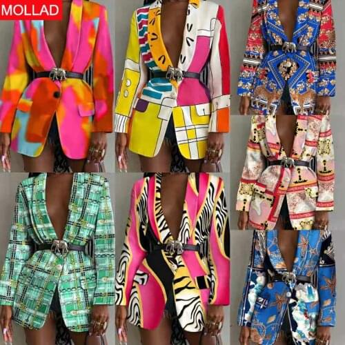 2021 European and American Autumn New AliExpress Fashion Printed Shawl Collar Single-Breasted Belt Suit Jacket for Women
