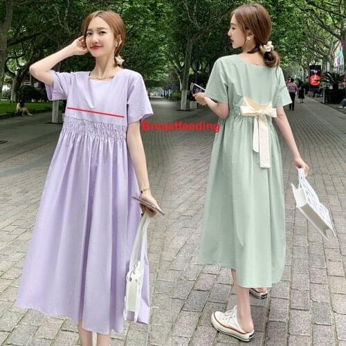 Breastfeeding Maternity Dresses Cotton Nursing Dress Solid High Waist Bow Sashes Dress for Pregnant Women Lactation Party dress