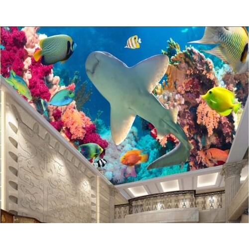 Custom photo 3d ceiling murals wallpaper undersea world shark picture room home decor 3d wall murals wallpaper for walls 3 d