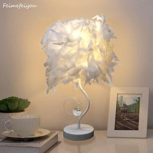 Feimefeiyou Bedside Reading Room Sitting Heart Shape Feather Crystal Table Lamp for bedroom Light art deco home planetarium
