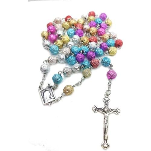 QIGO Colorful Plastic Rose Rosary Necklace Catholic Long Cross Jewelry