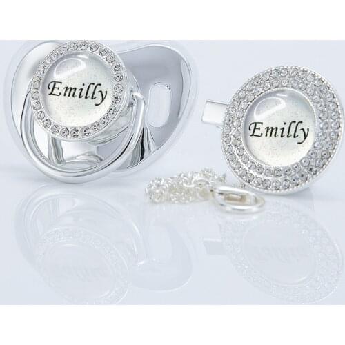MIYOCAR custom any glitter name photo silver bling pacifier and pacifier clip silver BPA free dummy bling glitter design P8-1-BG