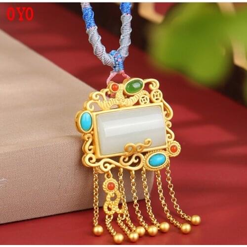 Ancient thick gold craftsmanship s925 silver inlaid white jade flower pendant winter sweater chain vintage clan style Hetian jad