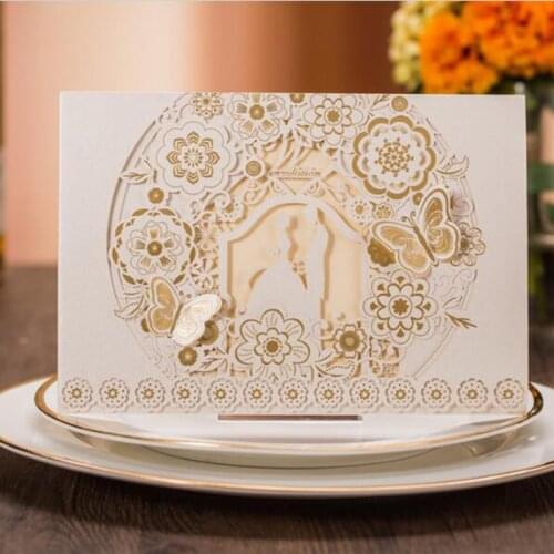 Laser Cut Wedding Invitations with Hollow Bride & Groom Flowers Elegant Butterfly for Bridal Shower Engagement,Customizable