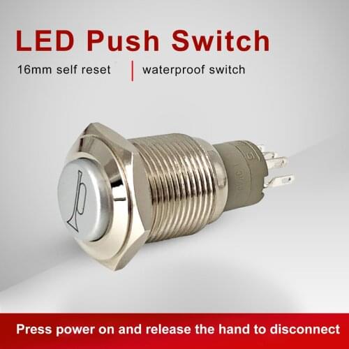LED Power Light Momentary Push Horn Button 16mm 5/8" 12V Metal Switch Push Button Car Latch Speaker Bell Horn
