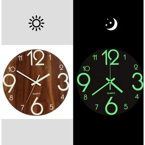 Luminous Wall Clock,12 Inch Wooden Silent Non-Ticking Kitchen Wall Clocks With Night Lights For Indoor/Outdoor Living Room