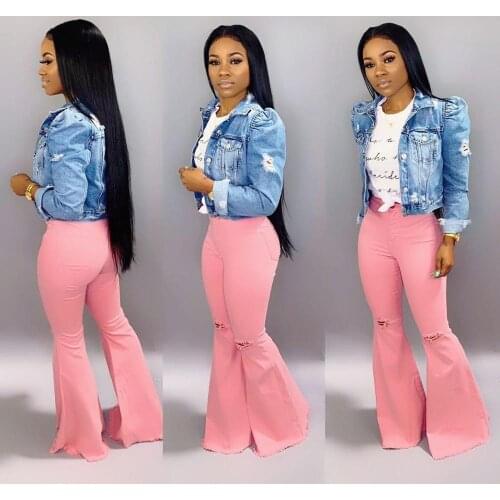 BKLD Pink Jeans Denim Ripped Pants Femme S-2XL Sexy Bodycon Clubwear Jeans Women 2019 Summer High Waist Flare Pants Jeans Women