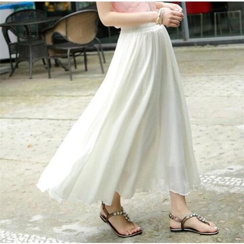 Women Chiffon Long Skirts Summer New Solid All-Match Beach Skirt Autumn Elegant Maxi Skirts Plus Size Black Blue Pink White
