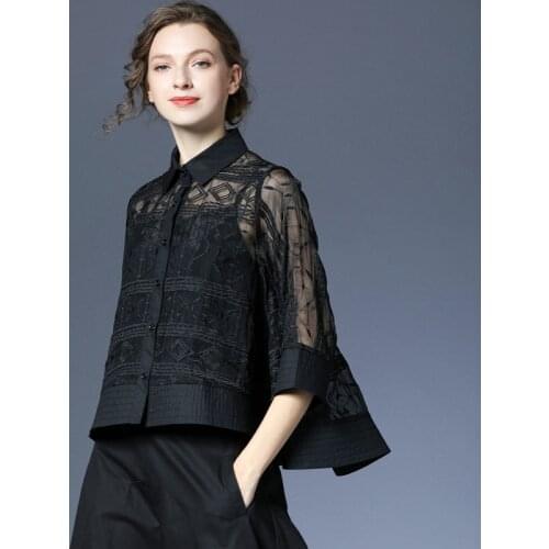 2020 Spring Summe Womens Embroidery White Black 3/4 Sleeve Loose Organza Blouse Top Shirt , Irregular Tops Blouses for Woman