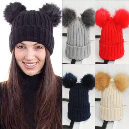 New Fashion Outdoor Womens Winter Warm Beanie Hat with Double Fur Pom Pom Cute Chunky Knitting Hats