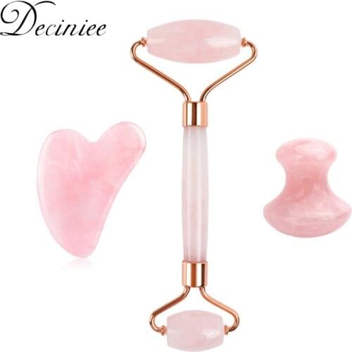 3pcs Jade Roller Gua Sha Set Scraping Massage Tool Natural Crystal Quartz Mushroom Shape Board for Spa Relaxing Facial Massage