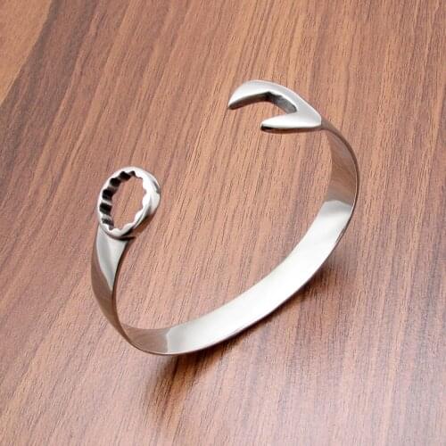 Free Shipping Punk Silver Color Stainless Steel Mechanical Intaglio Single Head Wrench Bangle Wristband For Mens Gift