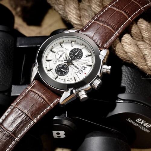 MEGIR Quartz Watches Original Leather Business Watches Man Clock Chronograph Army Military Watch Sport Male 2020