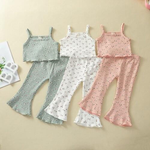 Summer Grils Clothes Suit French Rib Printed Sleeveless Suspenders+Trousers Children Clothing Set Long Pants Sling Kids 2PC Sets