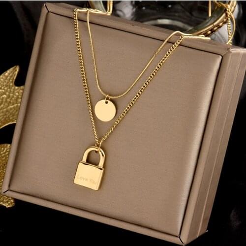 Colorfast 316L stainless steel two-layer necklace, fashion simple lock pendant, personality trend female gift jewelry
