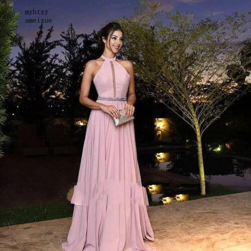 Elegant Halter Pink Evening Dresses Long 2020 Backless Sleeveless Formal Party Gowns With Beading Belt Robe De Soiree Cheap