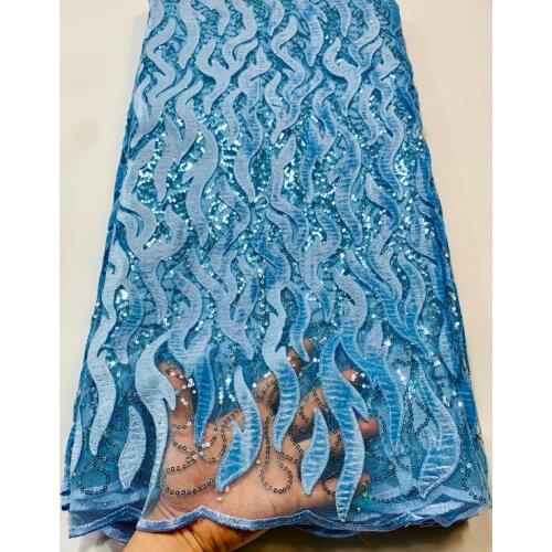 French Net Lace Fabric With Sequins Velvet Fabric 2021 High Quality Lace African Lace Fabric For Wedding Sewing VLL3949 Sky Blue