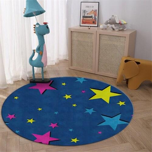 Nordic Navy Blue Round Carpet Children With Colorful Star Cute Cartoon Kids Room Rugs Play Mat Flannel Bedside Carpet For Boys