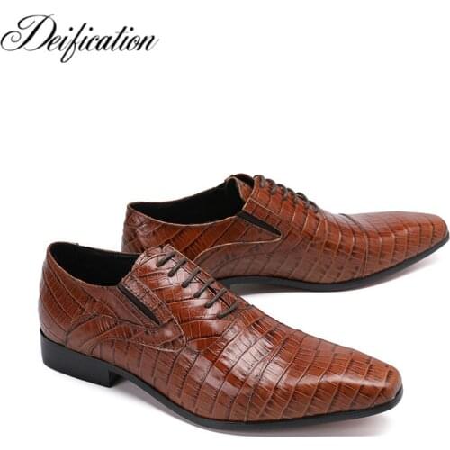 Deification Italian Retro Style Tan Genuine Leather Man Shoes Lace Up Checkered Loafers Business Wedding Formal Shoes Mens Flats