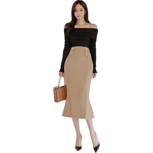 New arrival fashion spring set women OL professional temperament sexy one-shoulder t-shirt and midi mermaid skirt two piece set
