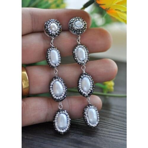 P7508 3Line 18mm White Rice Pearl CZ Dangle Earrings