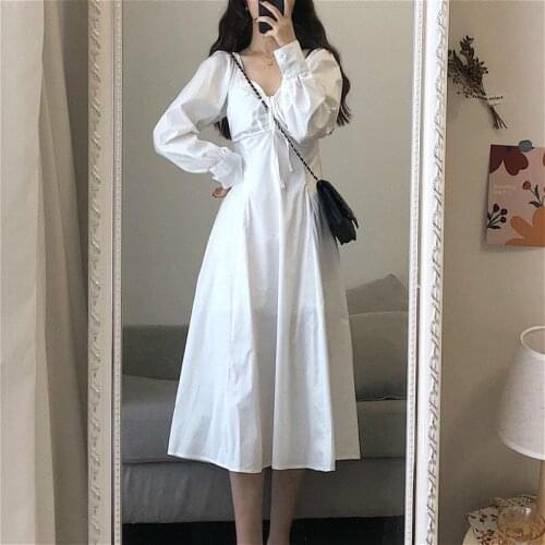 Elegant White Dress Women Casual Long Sleeve Vintage Fairy Midi Dress Draped Lace-Up Slim One Piece Dress Korean 2020 Autumn