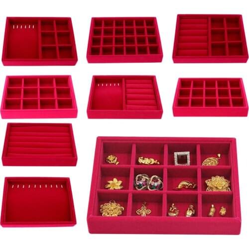 Portable Velvet Fashion Jewelry Ring Earring Insert Display Organizer Box Wooden Flat Stackable Tray Drawer Display Show Case