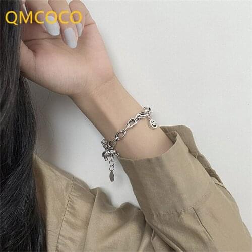 QMCOCO 925 Silver Bracelets Fashion Vintage Design Punk Elephant And Smiley Face Pendant For Student Accessories Party Jewelry