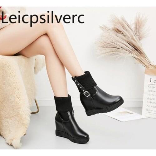 Womens Boots The New winter fashion Round head Internal increase mid heel Womens shoes plus size 33-43 Heel Height 5cm black