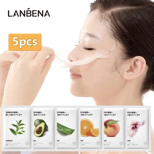 LANBENA 5pcs Sakura Cherry Natural Serum Mask Avocado Vitamin C Whitening Reduces Fine Lines Spots Oil Control Nourishing Mask