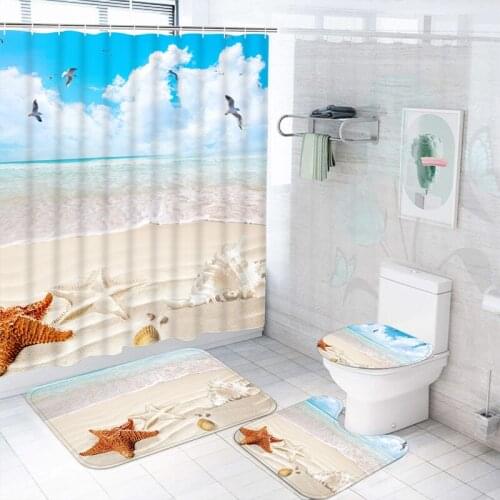 3D Sunny Beach Scenery Fabric Shower Curtains Set Waterproof Bath Curtains Rug Lid Toilet Cover Bathroom Decor Hanging Curtains